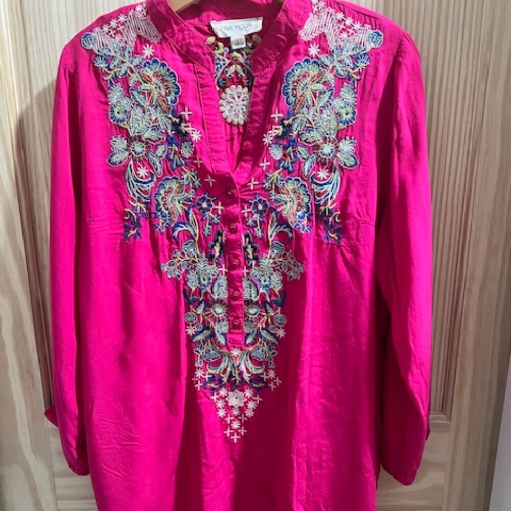Luna Moon Hot Pink Boho Tunic, floral embroid blouse longsleeve 100% Rayon Large